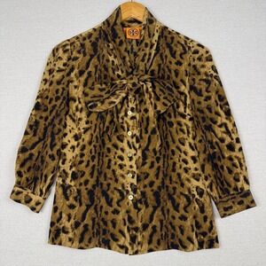 Tory Burch Blouse Womens Size 0 Silk Leopard Print Bow Neck Tie Work Chic